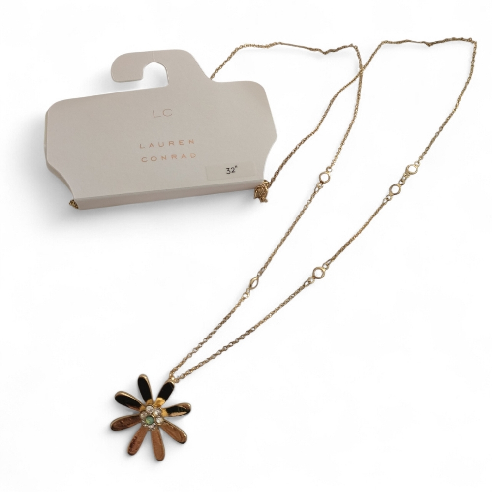 LC Lauren Conrad Long Gold Necklace Flower Pendant|‎ NEW!